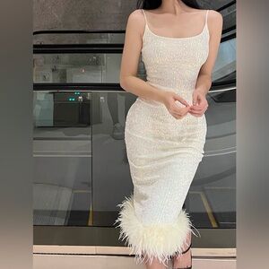 Sparkly Sequin Feather Hem Bodycon Dress | Party Night